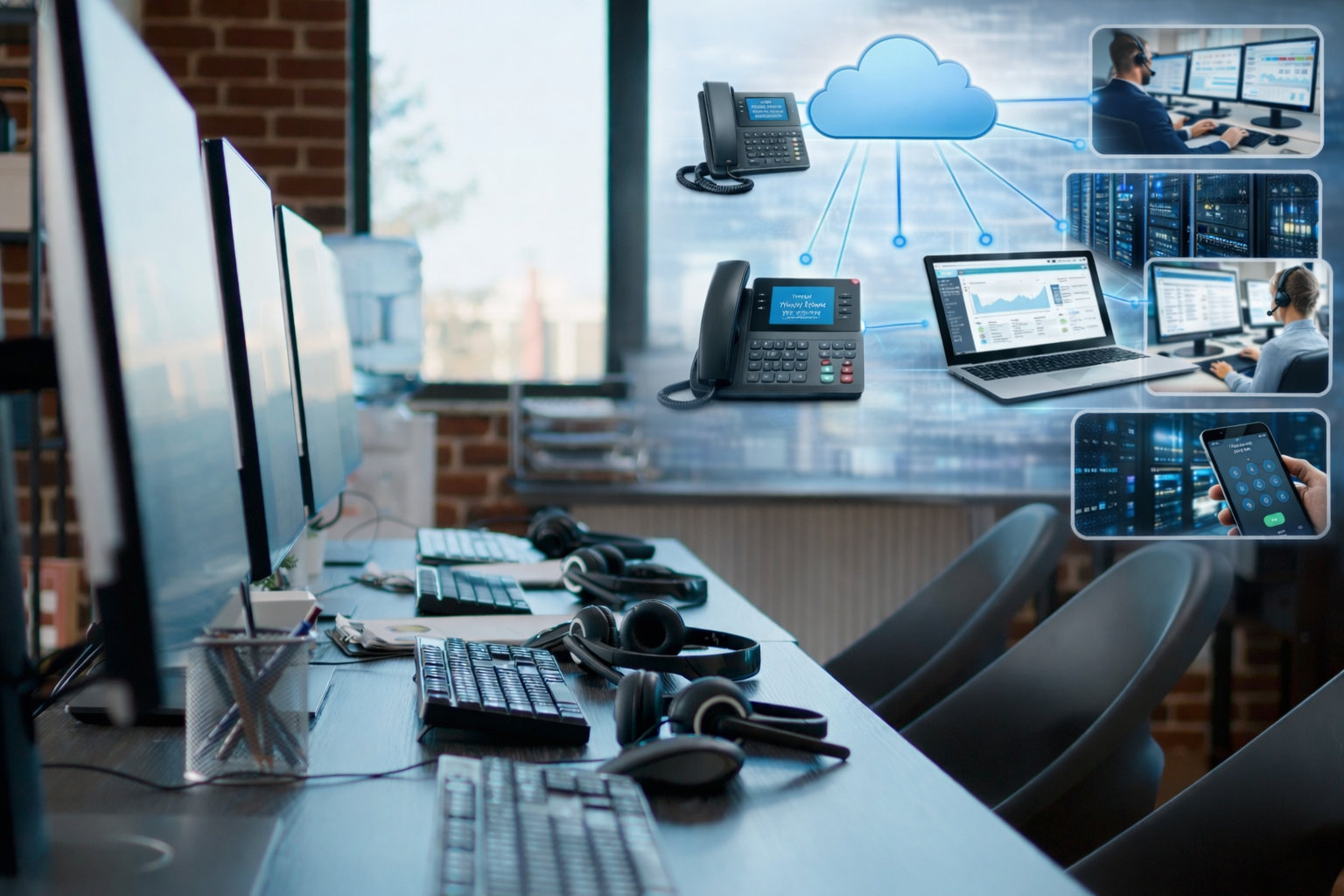 A professional office with a hosted phone system for small business collage using a cloud-connected desk phone and a laptop.