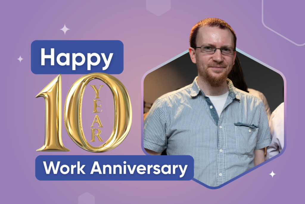 A celebratory blog banner for Alfonica featuring Dave Cain for his 10-year work anniversary. The image includes a photo of Dave in a blue striped shirt alongside large gold "10 Year" lettering on a purple background.