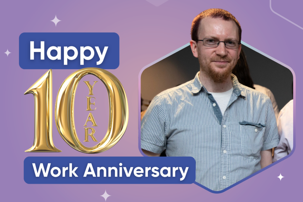 A celebratory blog banner for Alfonica featuring Dave Cain for his 10-year work anniversary. The image includes a photo of Dave in a blue striped shirt alongside large gold "10 Year" lettering on a purple background.