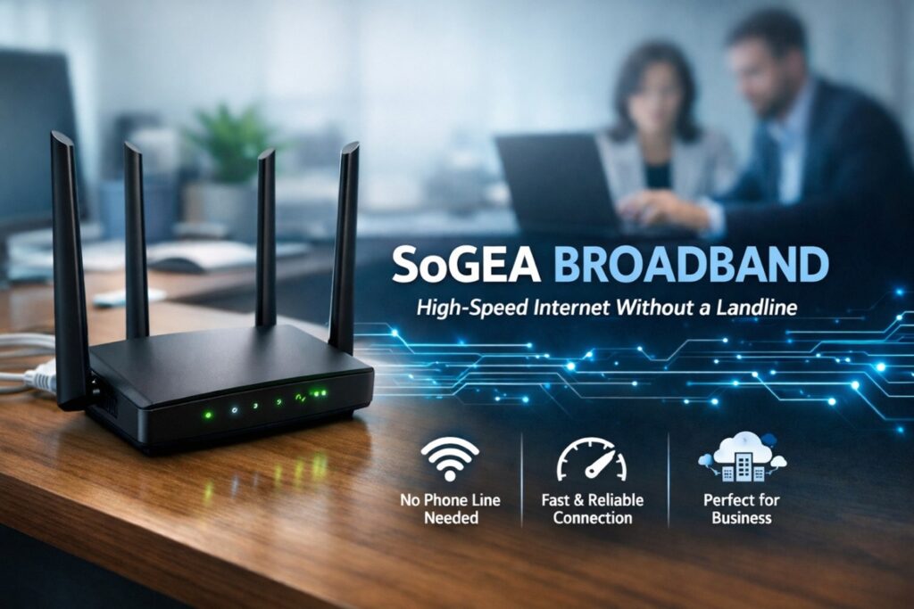 A professional setup of a modern internet router representing SoGEA broadband, highlighting how businesses can access internet service without needing a traditional landline.