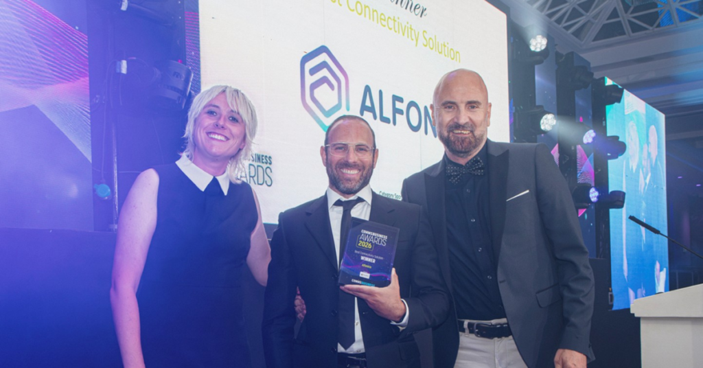 Alfonica team accepting the Best Connectivity Solution award at the Comms Business Awards 2026